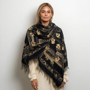 Floral Mohair Blend Scarf‎ Shawl Wrap Black Gold 68 x 27 Fringe Boho Oversized